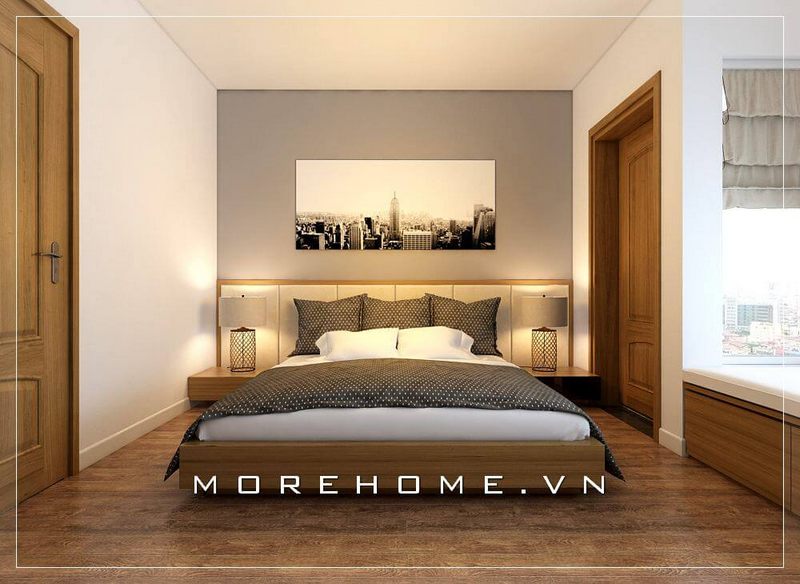Thiết kế giường ngủ chung cư hiện đại ấn tượng với gam màu vàng gỗ nhẹ nhàng, ấm áp 